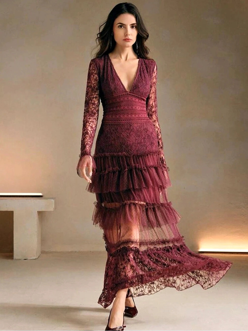 Anewsta Burgundy Lace Tiered Maxi Dress Like New